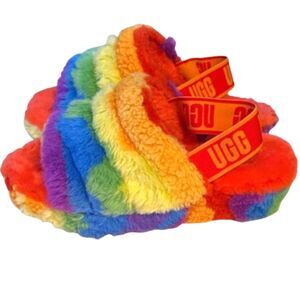 UGG Fluff Yeah Sandel Slip On Rainbow Pride Colorful Size 7 Shearling Peep Toe